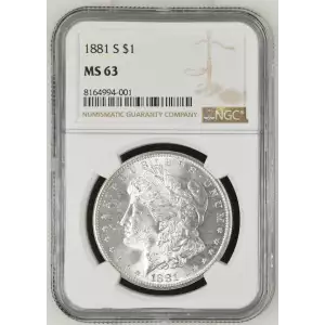 1881 S Morgan Silver Dollar, graded NGC MS-63, showcasing a strong strike with vibrant luster and minimal contact marks typical of a Mint State 63 coin. Struck at the San Francisco Mint in 90% silver and 10% copper, this coin weighs 26.73 grams and featur