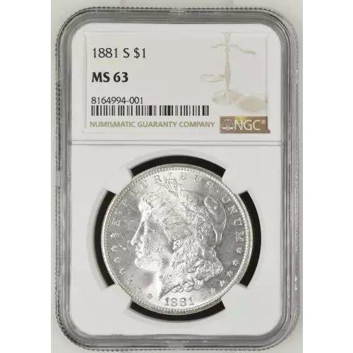 1881 S Morgan Silver Dollar, graded NGC MS-63, showcasing a strong strike with vibrant luster and minimal contact marks typical of a Mint State 63 coin. Struck at the San Francisco Mint in 90% silver and 10% copper, this coin weighs 26.73 grams and featur