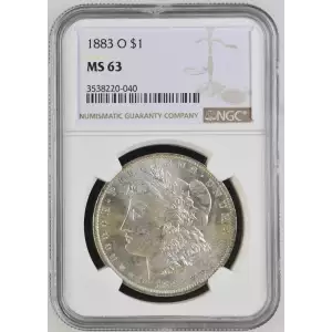 1883 O Morgan Silver Dollar, graded NGC MS-63, showcasing a strong strike with vibrant luster and minimal contact marks characteristic of a Mint State 63 coin. Struck at the New Orleans Mint in 90% silver and 10% copper, this coin weighs 26.73 grams and f