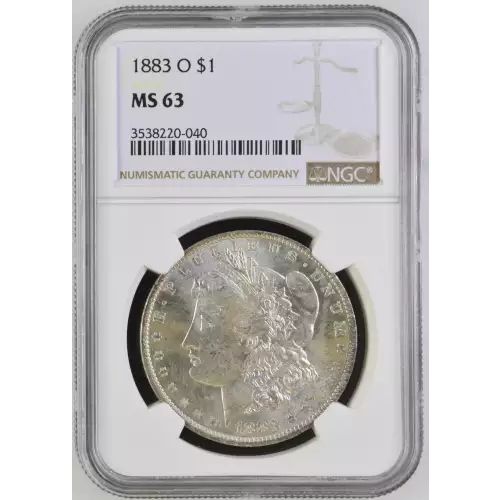 1883 O Morgan Silver Dollar, graded NGC MS-63, showcasing a strong strike with vibrant luster and minimal contact marks characteristic of a Mint State 63 coin. Struck at the New Orleans Mint in 90% silver and 10% copper, this coin weighs 26.73 grams and f