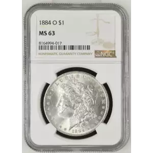 1884 O Morgan Silver Dollar, graded NGC MS-63, showcasing a robust strike with brilliant luster and minimal contact marks typical of a Mint State 63 coin. Struck at the New Orleans Mint in 90% silver and 10% copper, this coin weighs 26.73 grams and featur