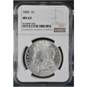 1885 P Morgan Silver Dollar, graded NGC MS-63, displaying a strong strike with bright luster and light contact marks consistent with the Mint State 63 designation. Struck at the Philadelphia Mint in 90% silver and 10% copper, this coin weighs 26.73 grams 