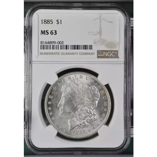 1885 P Morgan Silver Dollar, graded NGC MS-63, displaying a strong strike with bright luster and light contact marks consistent with the Mint State 63 designation. Struck at the Philadelphia Mint in 90% silver and 10% copper, this coin weighs 26.73 grams 