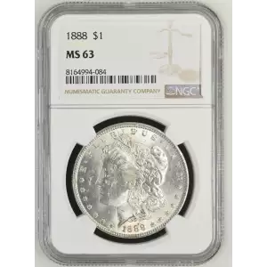 1888 P Morgan Silver Dollar, graded NGC MS-63, exhibiting a strong strike with lustrous surfaces and light contact marks consistent with the Mint State 63 grade. Struck in 90% silver and 10% copper, this iconic coin weighs 26.73 grams and features George 