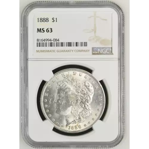 1888 P Morgan Silver Dollar, graded NGC MS-63, exhibiting a strong strike with lustrous surfaces and light contact marks consistent with the Mint State 63 grade. Struck in 90% silver and 10% copper, this iconic coin weighs 26.73 grams and features George 