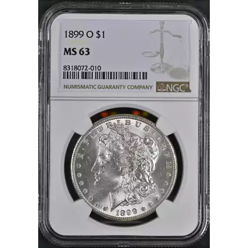 1899 O Morgan Silver Dollar, graded NGC MS-63, showcasing a strong strike with vibrant luster and minimal contact marks consistent with the Mint State 63 designation. Struck at the New Orleans Mint in 90% silver and 10% copper, this coin weighs 26.73 gram