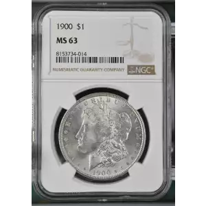  1900 P Morgan Silver Dollar, graded NGC MS-63, showcasing a strong strike with vibrant luster and light contact marks typical of a Mint State 63 coin. Struck at the Philadelphia Mint in 90% silver and 10% copper, this coin weighs 26.73 grams and features