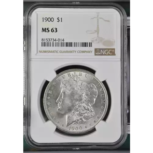  1900 P Morgan Silver Dollar, graded NGC MS-63, showcasing a strong strike with vibrant luster and light contact marks typical of a Mint State 63 coin. Struck at the Philadelphia Mint in 90% silver and 10% copper, this coin weighs 26.73 grams and features