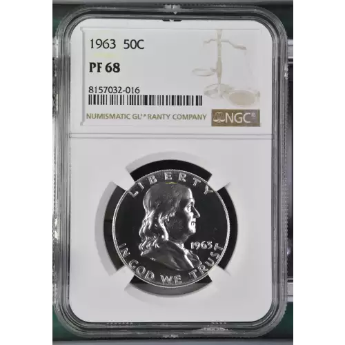 1963 P Franklin Half Dollar, graded NGC PF-68, showcasing an exceptional proof finish with brilliant luster and stunning detail. Struck in 90% silver, this coin features Benjamin Franklin on the obverse and the Liberty Bell on the reverse. With its near-f