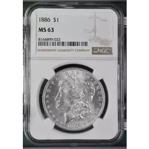 This listing features an 1886 P Morgan Silver Dollar, graded NGC MS-63, showcasing a strong strike with brilliant luster and light contact marks typical of a Mint State 63 coin. Struck at the Philadelphia Mint in 90% silver and 10% copper, this coin weigh