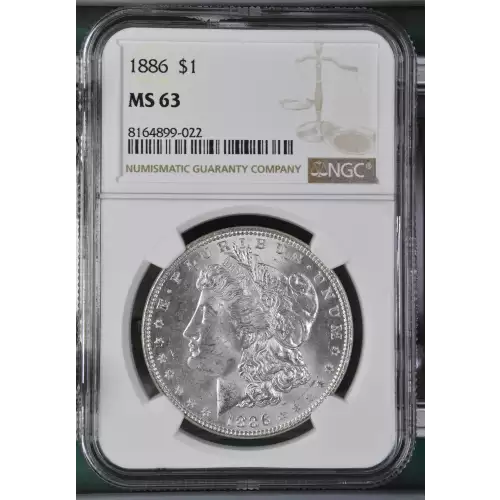 This listing features an 1886 P Morgan Silver Dollar, graded NGC MS-63, showcasing a strong strike with brilliant luster and light contact marks typical of a Mint State 63 coin. Struck at the Philadelphia Mint in 90% silver and 10% copper, this coin weigh